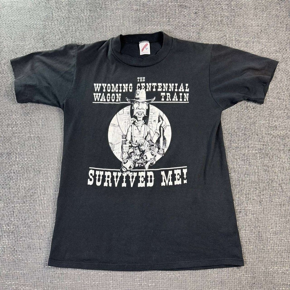 Jerzees Wyoming Centennial Wagon Train T-Shirt Mens M Black Vintage 90s USA